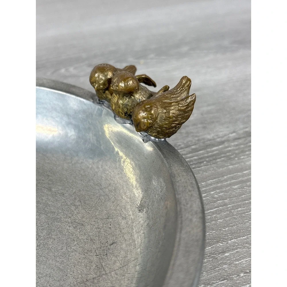Old Newbury Crafters Pewter Bird Dish Trio Songbirds Catchall Bowl Silver Gold